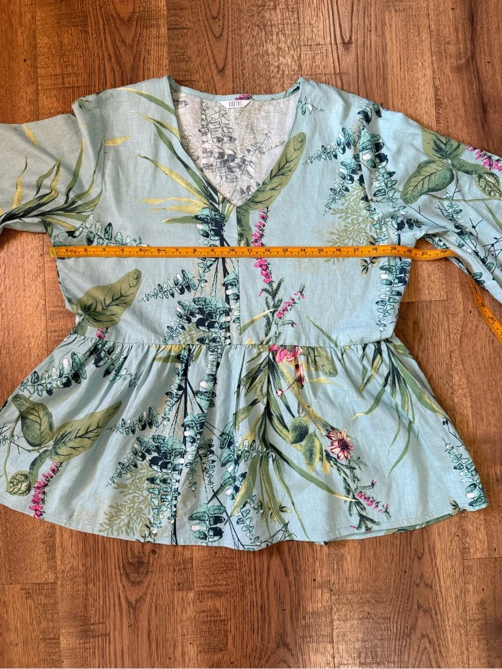 KAKTUS Tunic Blouse Blue Floral V-Neck 3/4 Bell Sleeve Woven Linen S